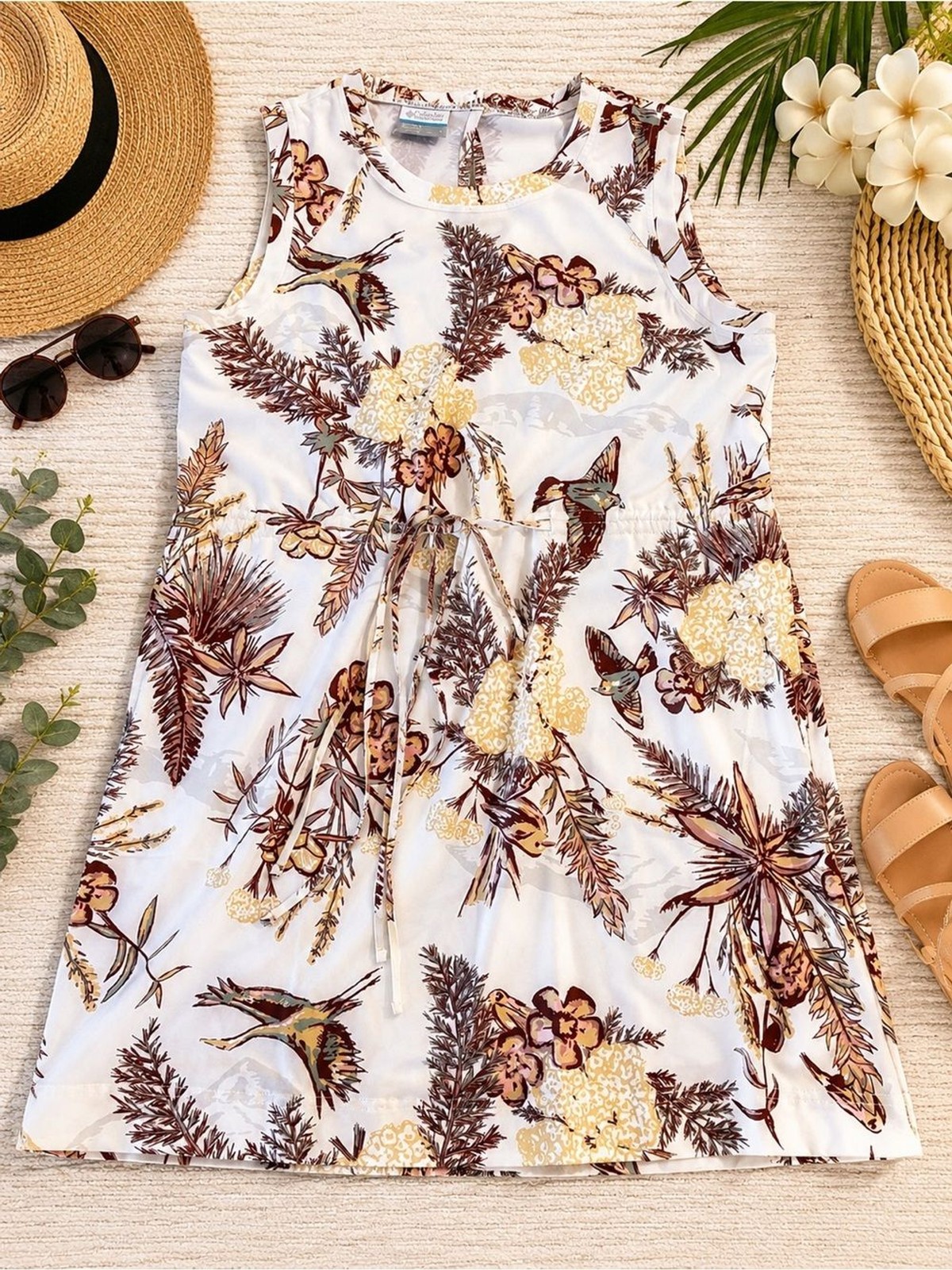 Columbia Floral Botanical Bird Print Dress with Adjustable Waist | Size Large