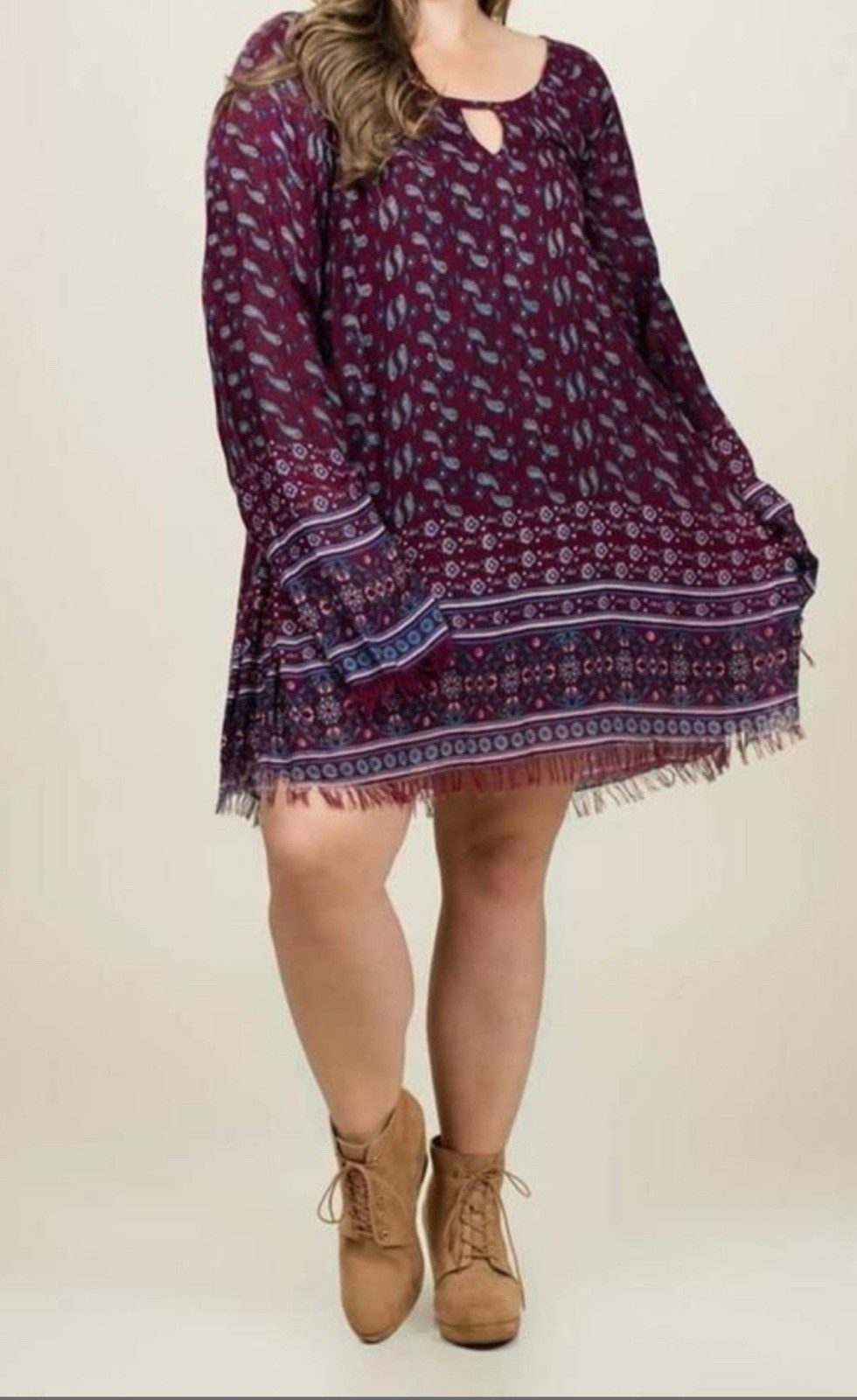 En Creme Womens Dress S Paisley Fringe Long Sleeve Boho Festival Y2K 70’S Hippie