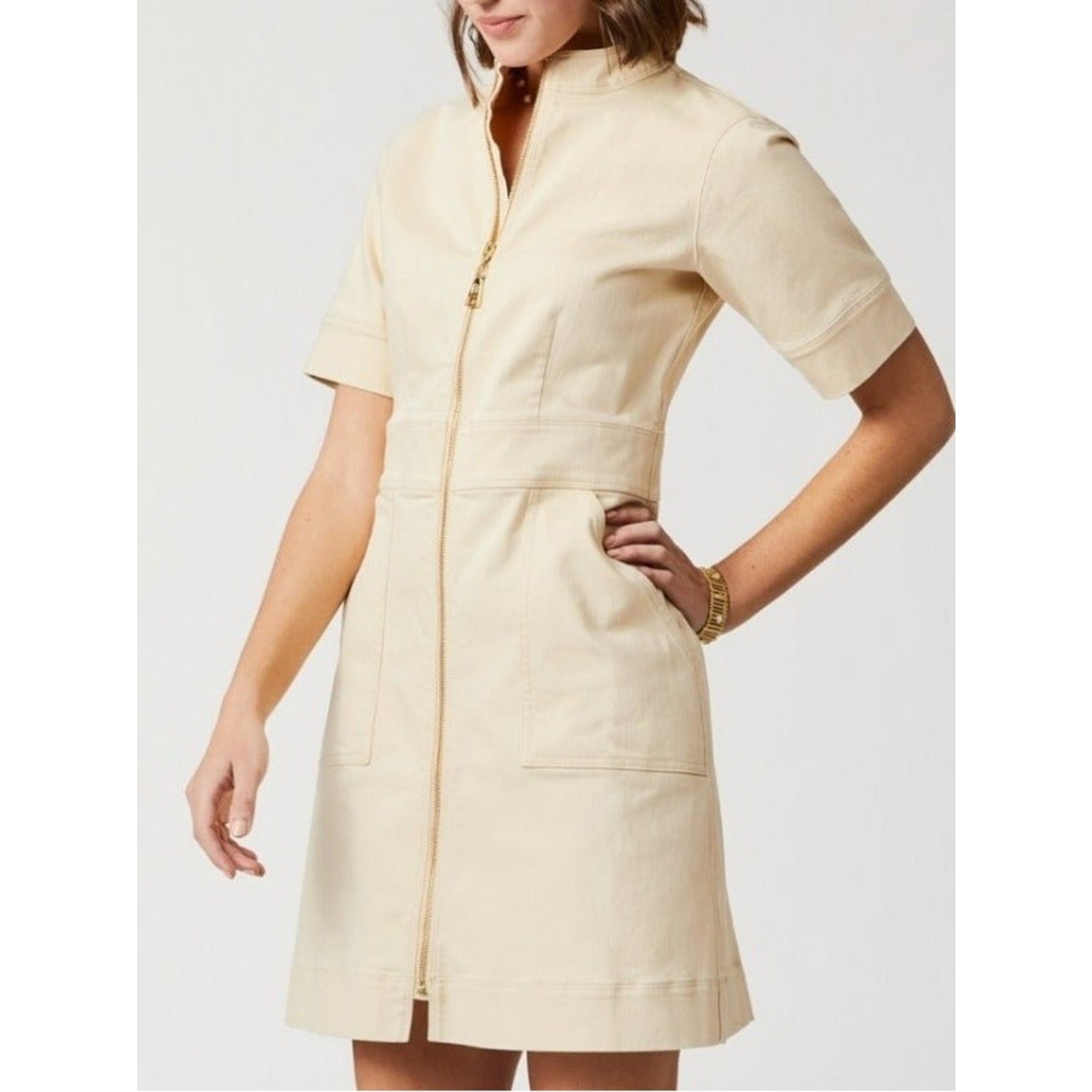 Spartina 449 Nevie Denim Dress Wheat Tan Zip Front Stretch Pockets Medium