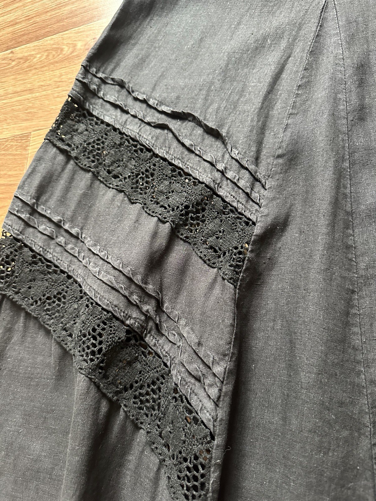 Didier Parakian Vintage Black Linen Maxi Dress Crochet Lace Y2K Gothic Sz 38
