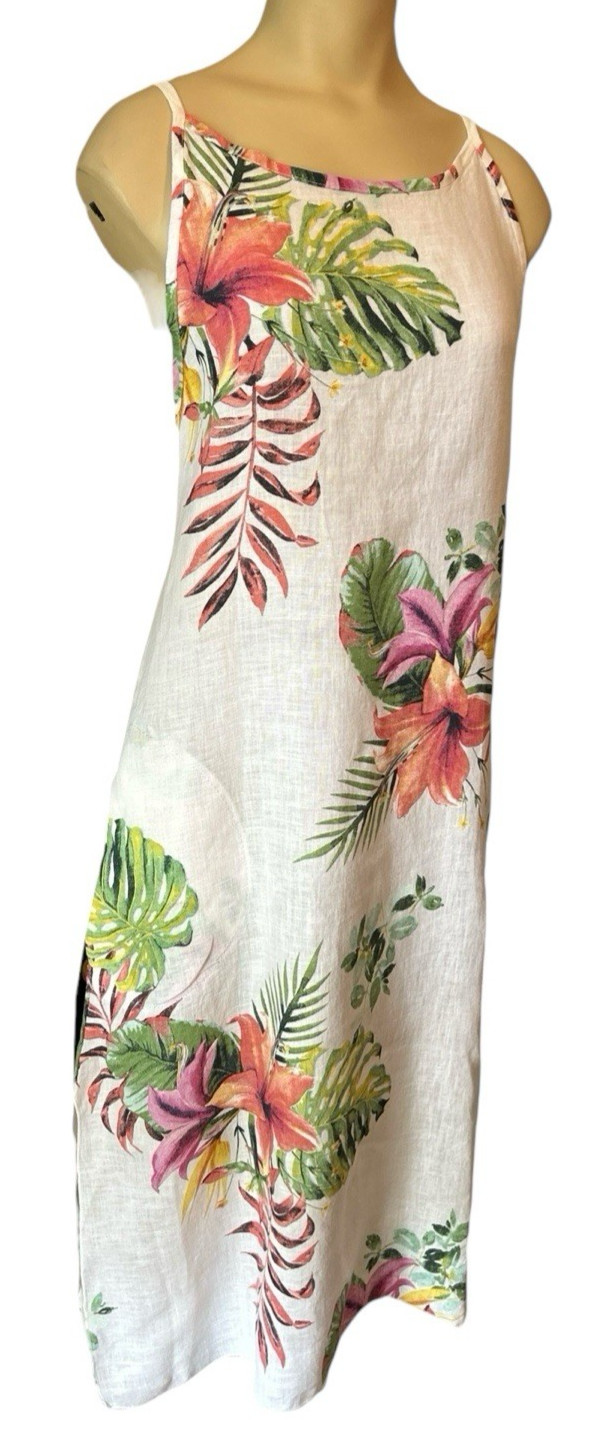 LUNGO L’ARNO 100% White Floral Linen Italy Midi Beach Coastal Hawaiian NEW