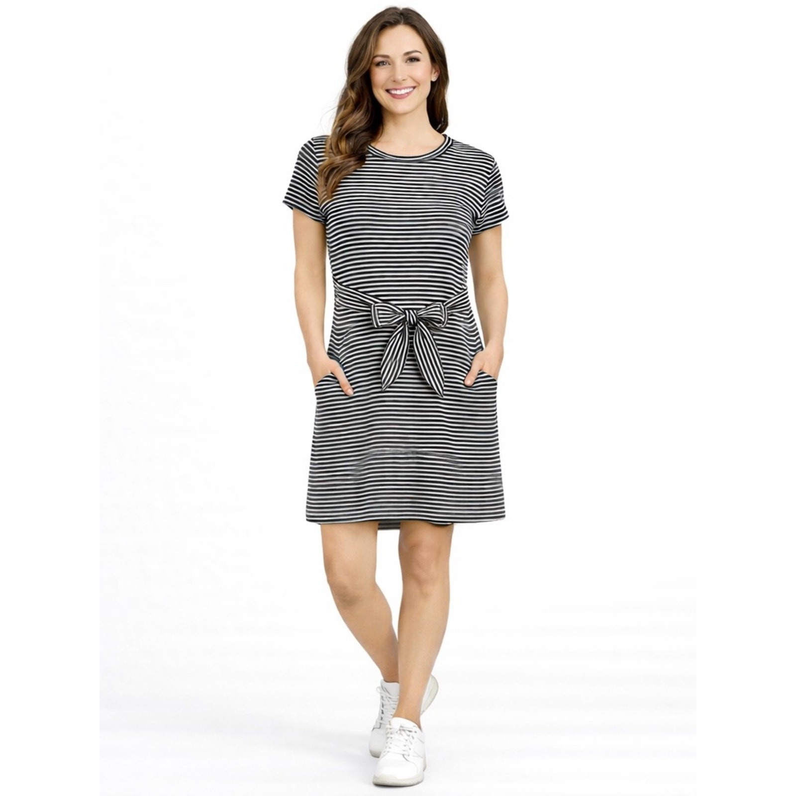 Merokeety Women’s XL Black & White Striped Tie Waist Knee Length Dress