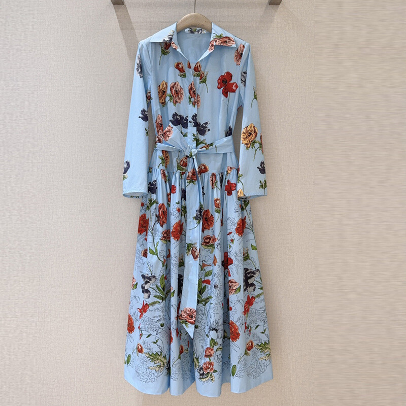 New Occident Style Women Floral Print Single Breasted Long Shirt Dress A Line Su