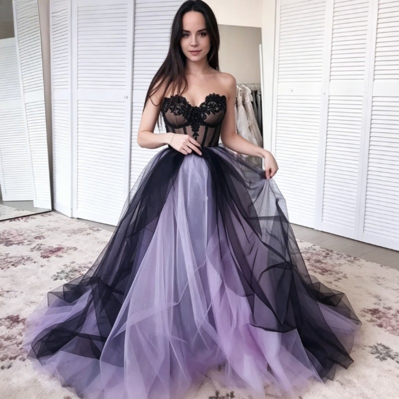 Purple Black Gothic Wedding Dress Strapless Lace A-line Tight Corset Ball Gown