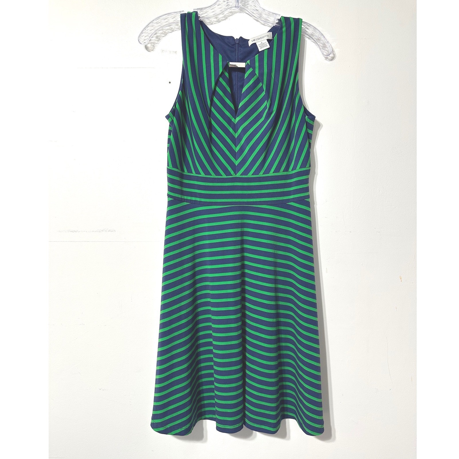 Liz Claiborne Fit and Flare Dress Womens 4 Navy Blue Green Striped Sleeveless