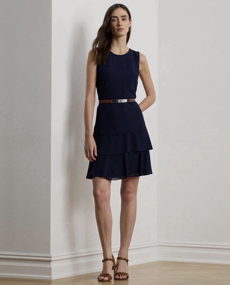 Lauren Ralph Lauren Women’s Navy Crinkle Georgette Shift Dress Size 14