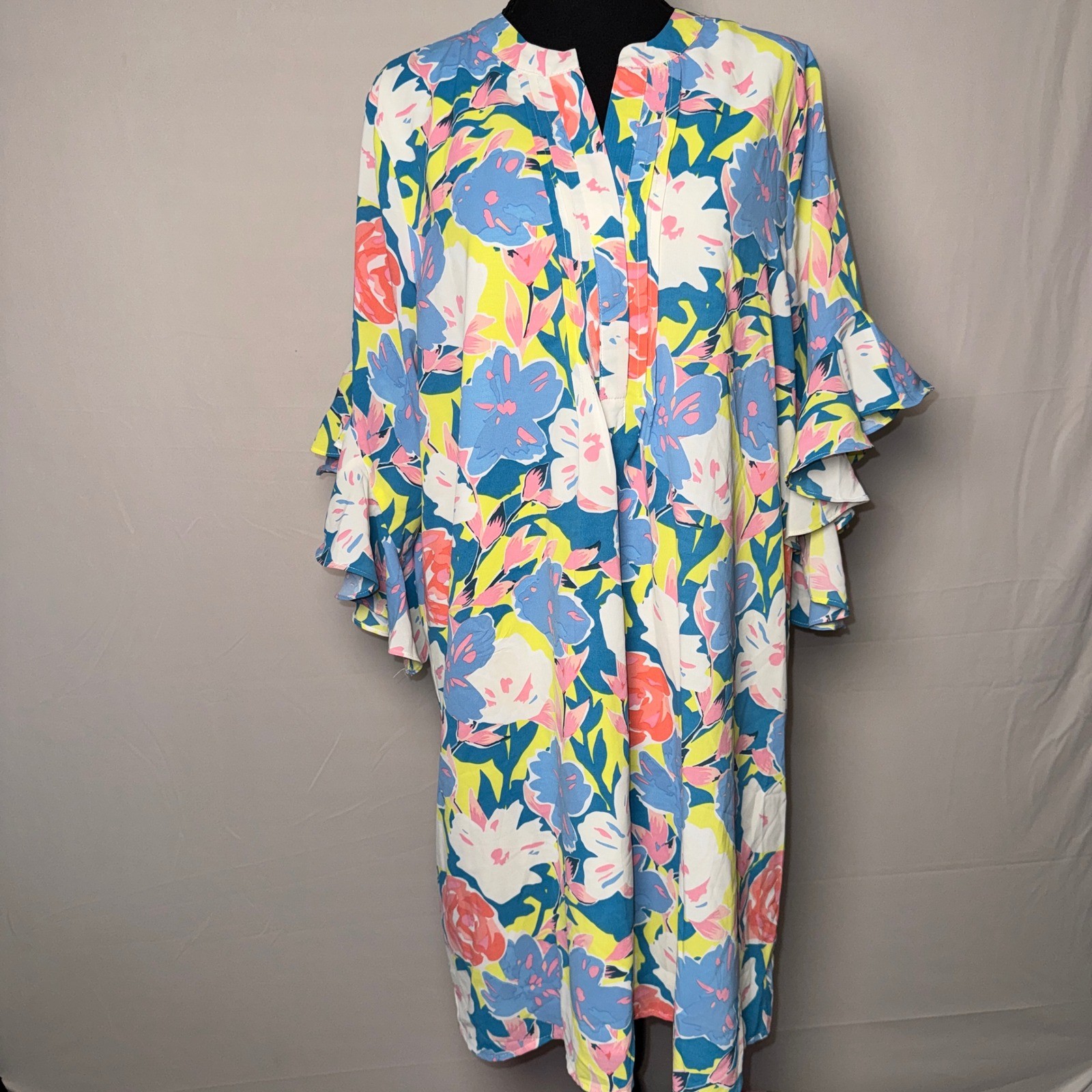 GiGiO USA Floral Ruffle Bell Sleeve Shift Dress Multi Color TS2223 Womens L