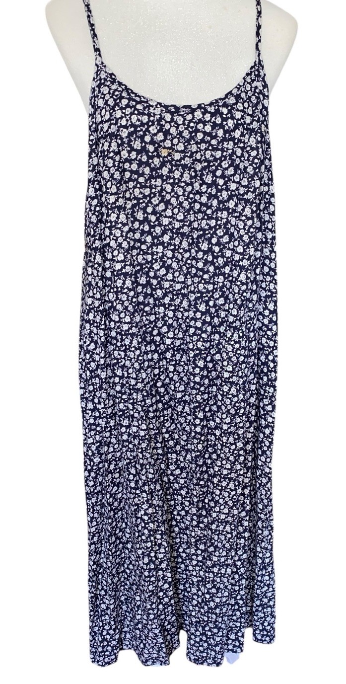 More-Jazz Navy & White Floral Spaghetti Straps Maxi Summer Lounging Dress Sz 14W