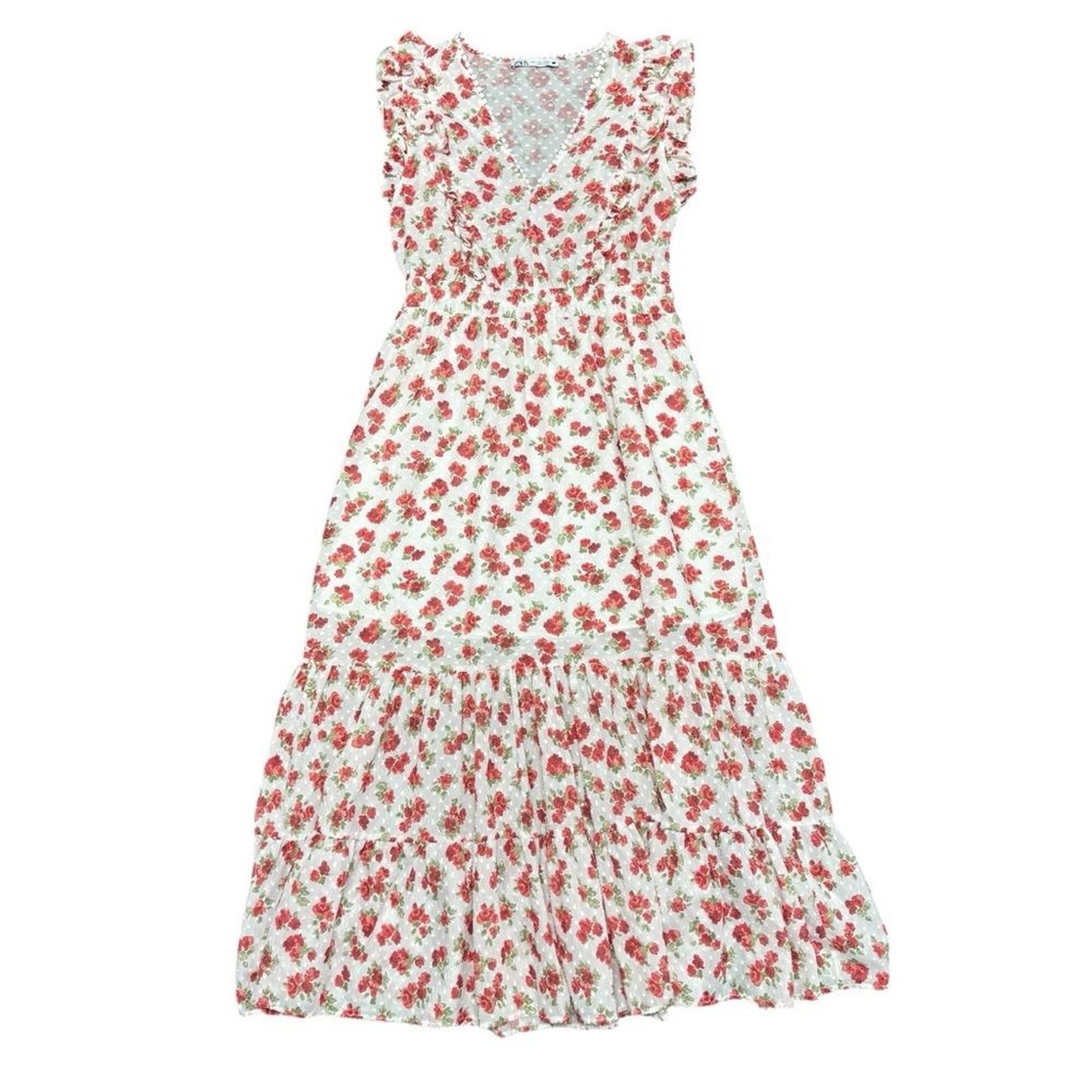 Zara Sleeveless Ruffle Swiss Dot Floral Print Long Midi Dress White Large L