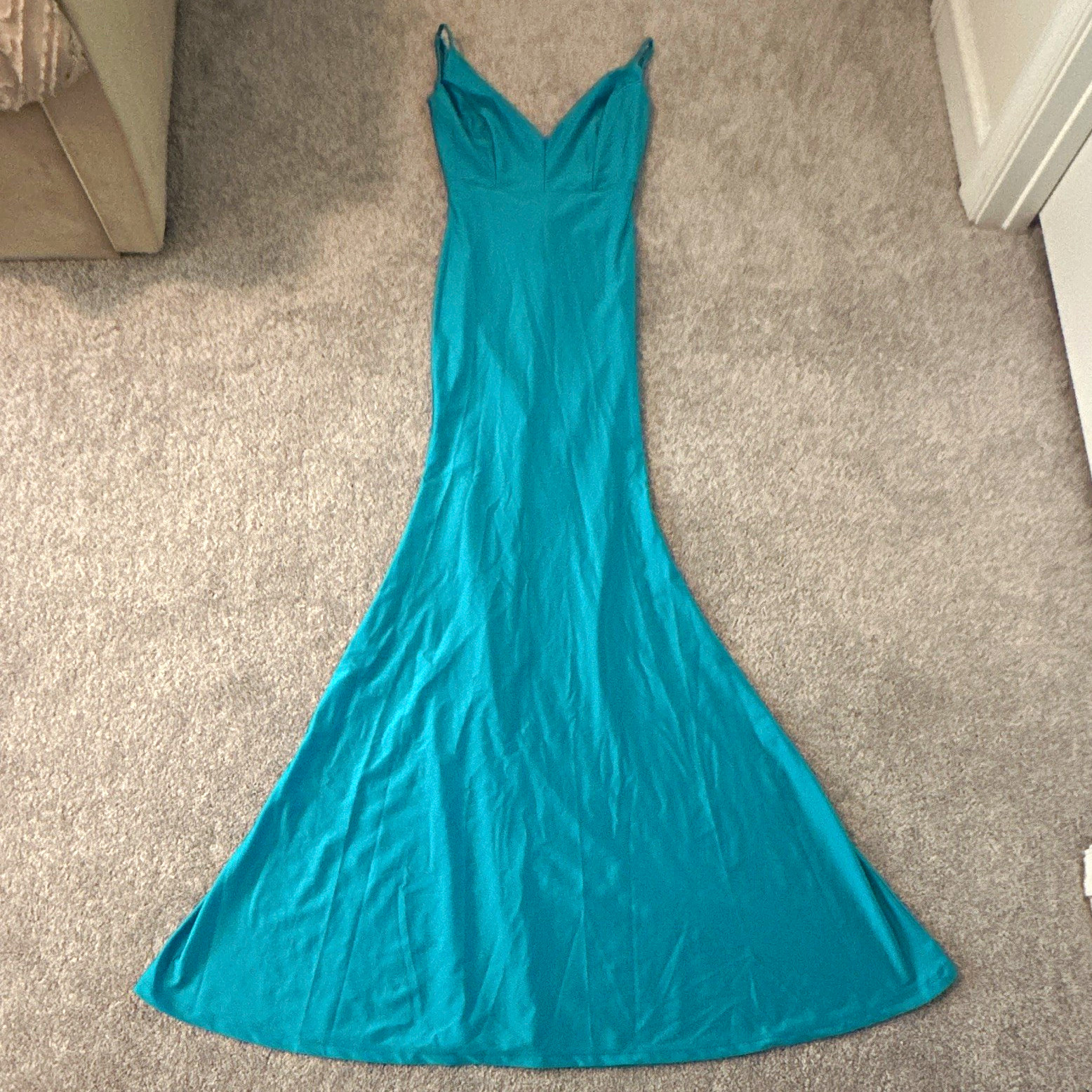 Fashion Nova Blue Solid Silk Blend V-Neck Maxi Dress Spaghetti Straps S