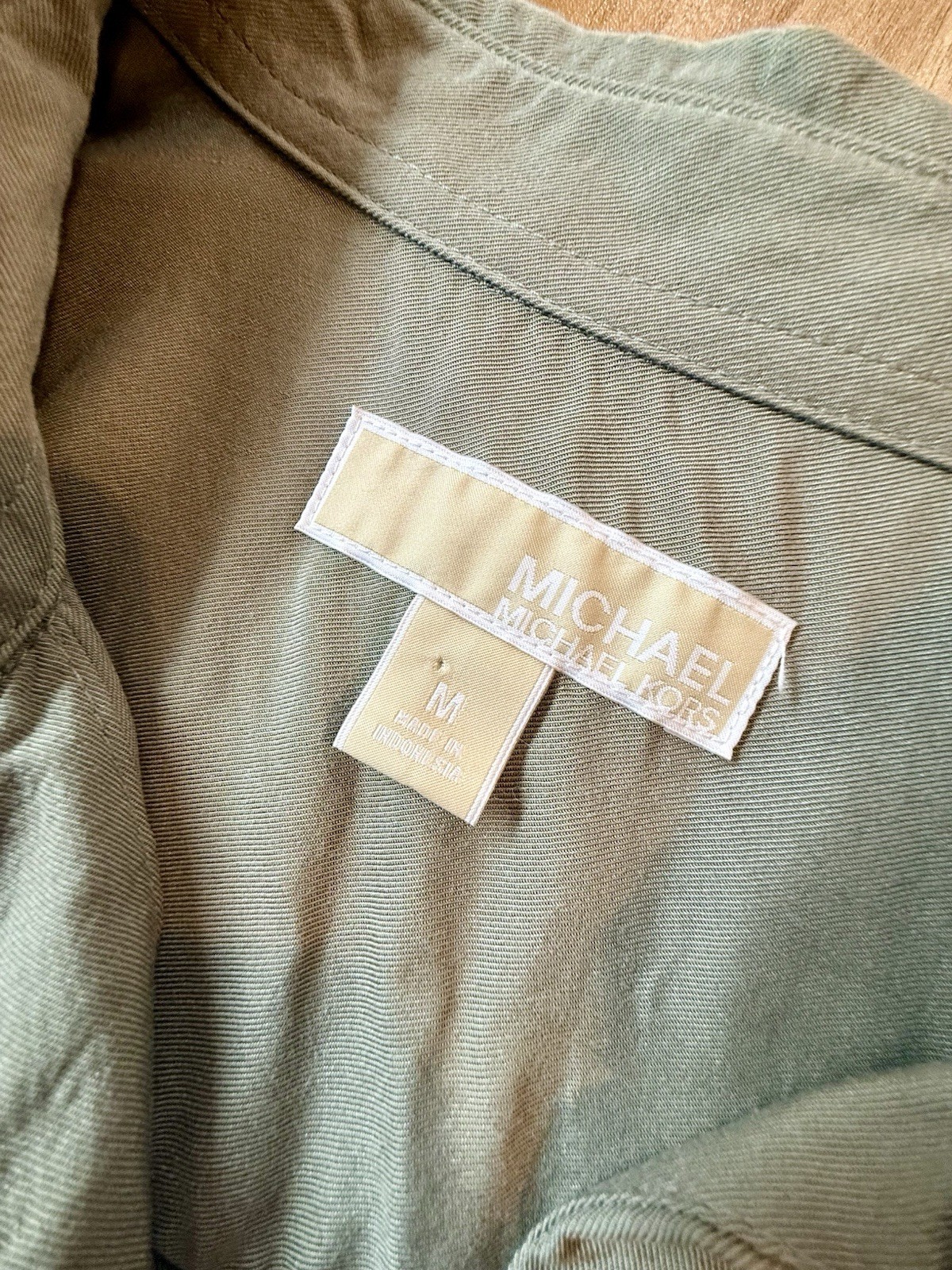 Michael Kors Green Rayon Collared Button Shirt Dress Pockets Drawstring Medium