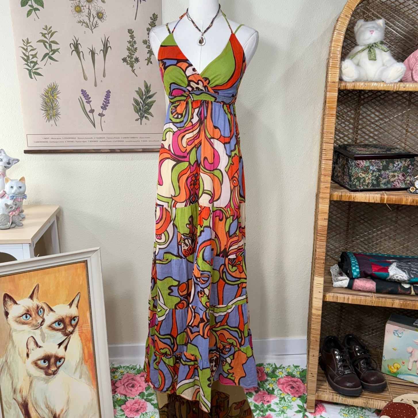 Vtg 90s Y2k Colorful Print Babydoll Tiered Maxi Dress Coastal Retro Mod Hippie S