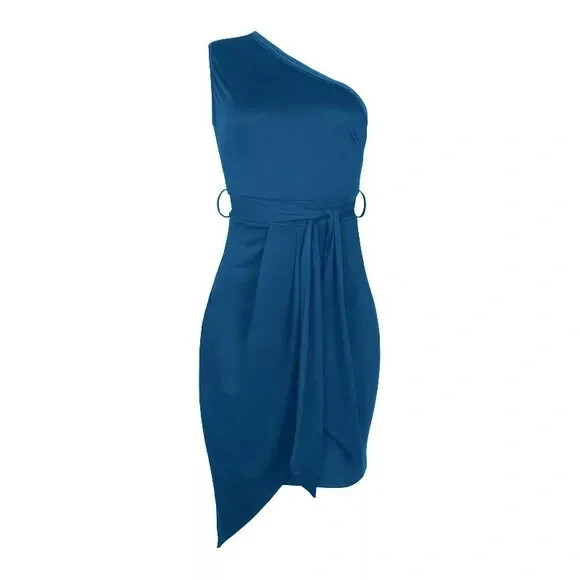 Blue Inclined Vestidos Shoulder Asymmetrical Solid Party Midi Dress Size L