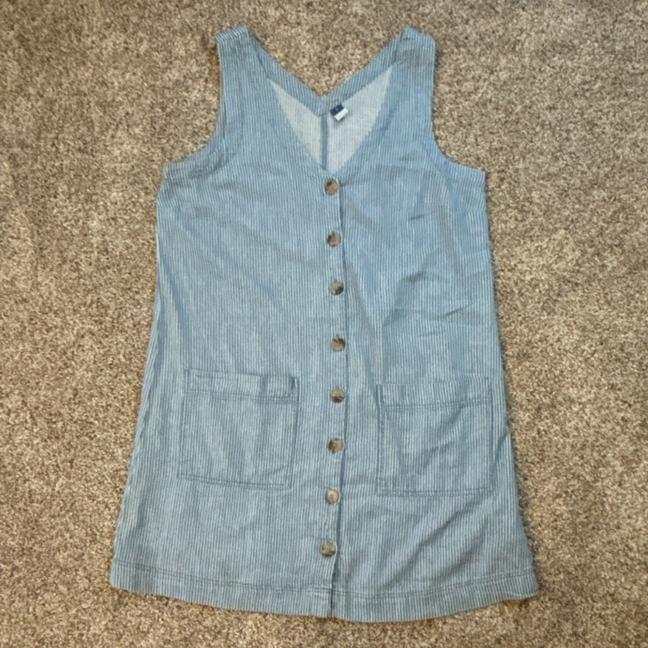 Old Navy Women’s S Blue Striped Shift Dress V-Neck Button Front Pockets