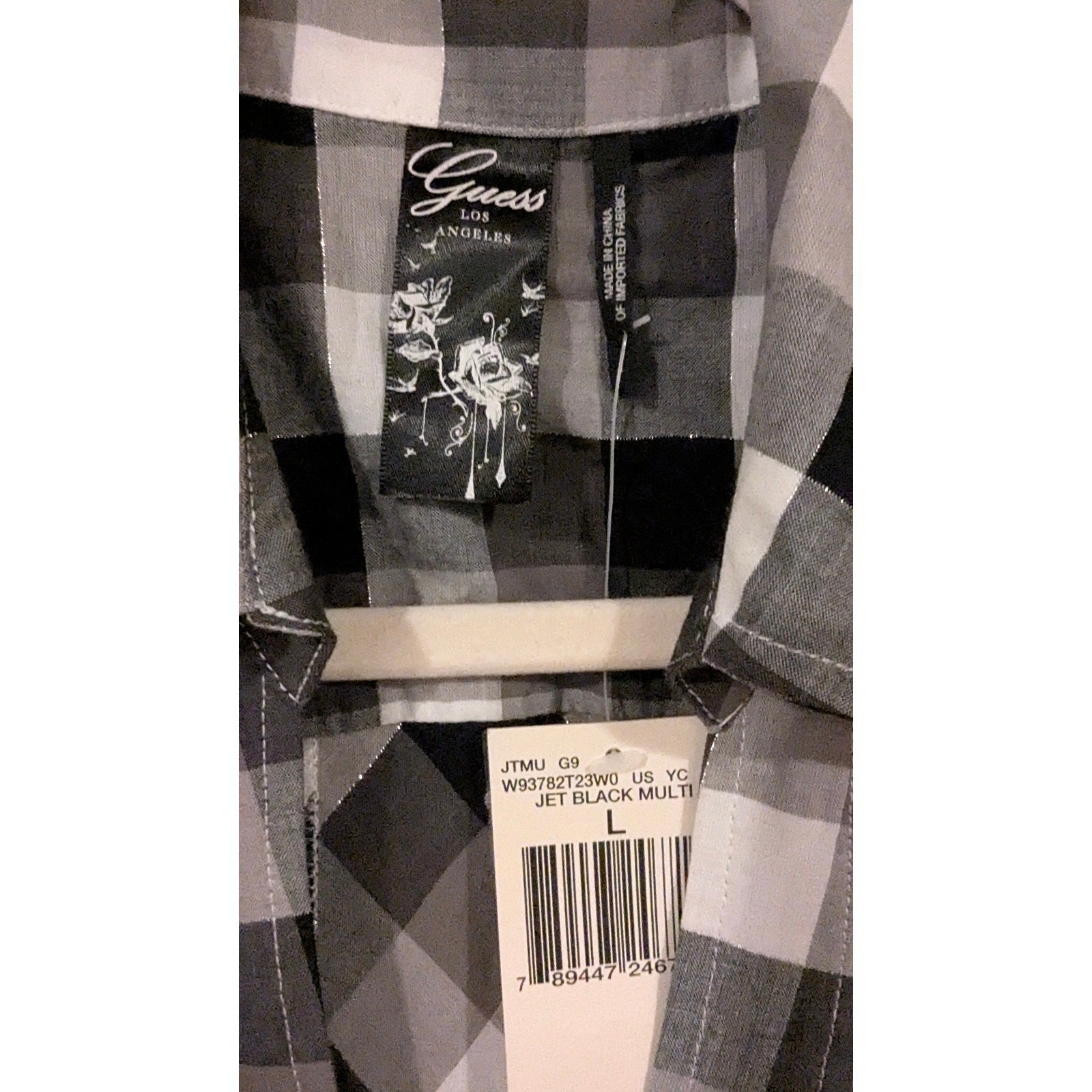 NWT Guess Gingham Plaid Button Front Dress L Black White Picnic Summer Beach