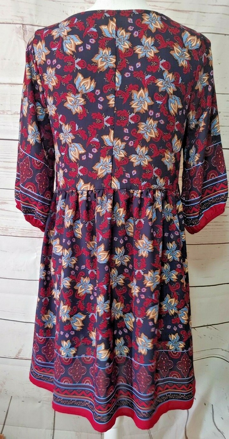 Everly 3/4 Sleeve Floral Print Sheath Dress Small Blue Multi-Color Semi Sheer
