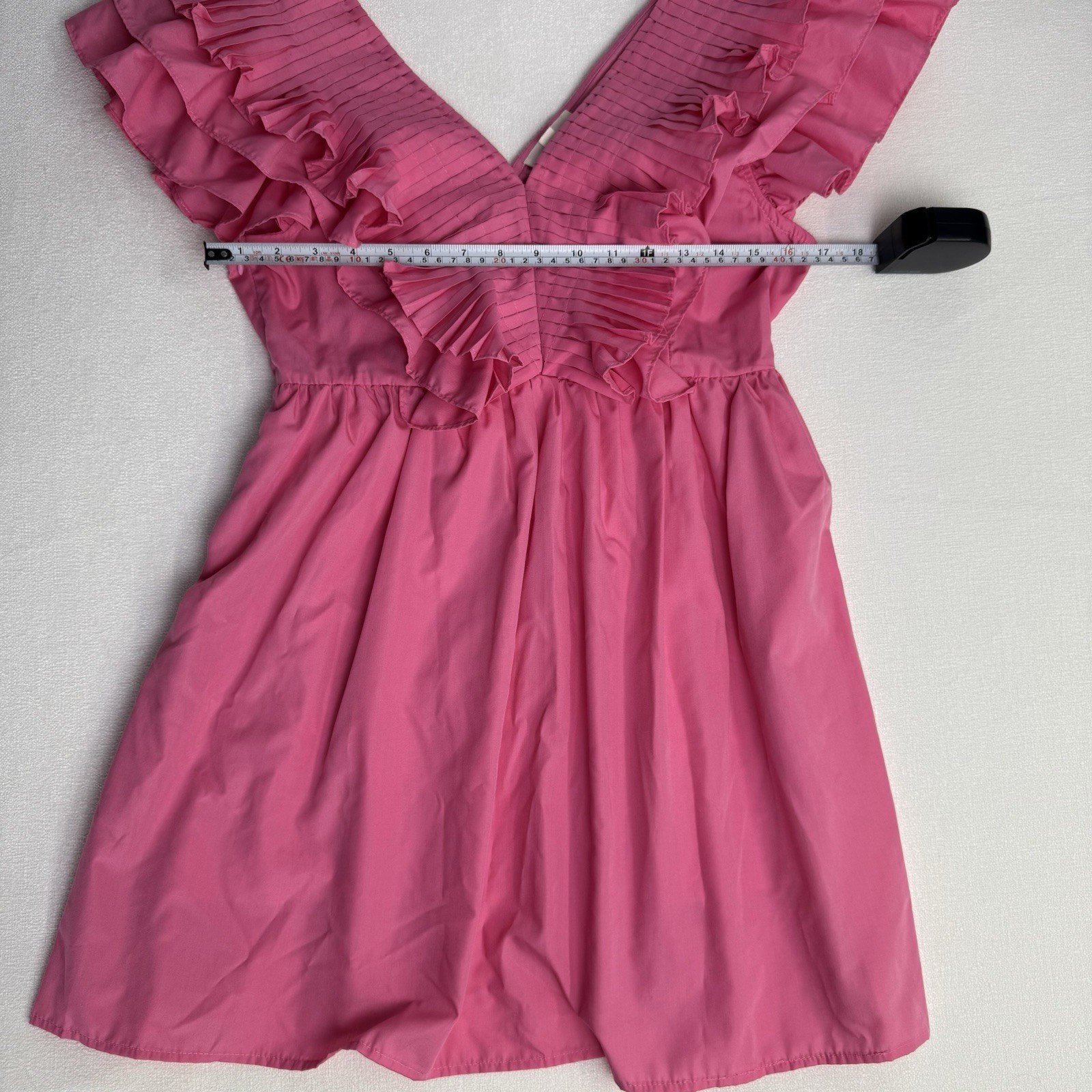 Pink Ruffle Flutter Pleated VNeck Mini Lined Dress Sleeveless Cotton Medium