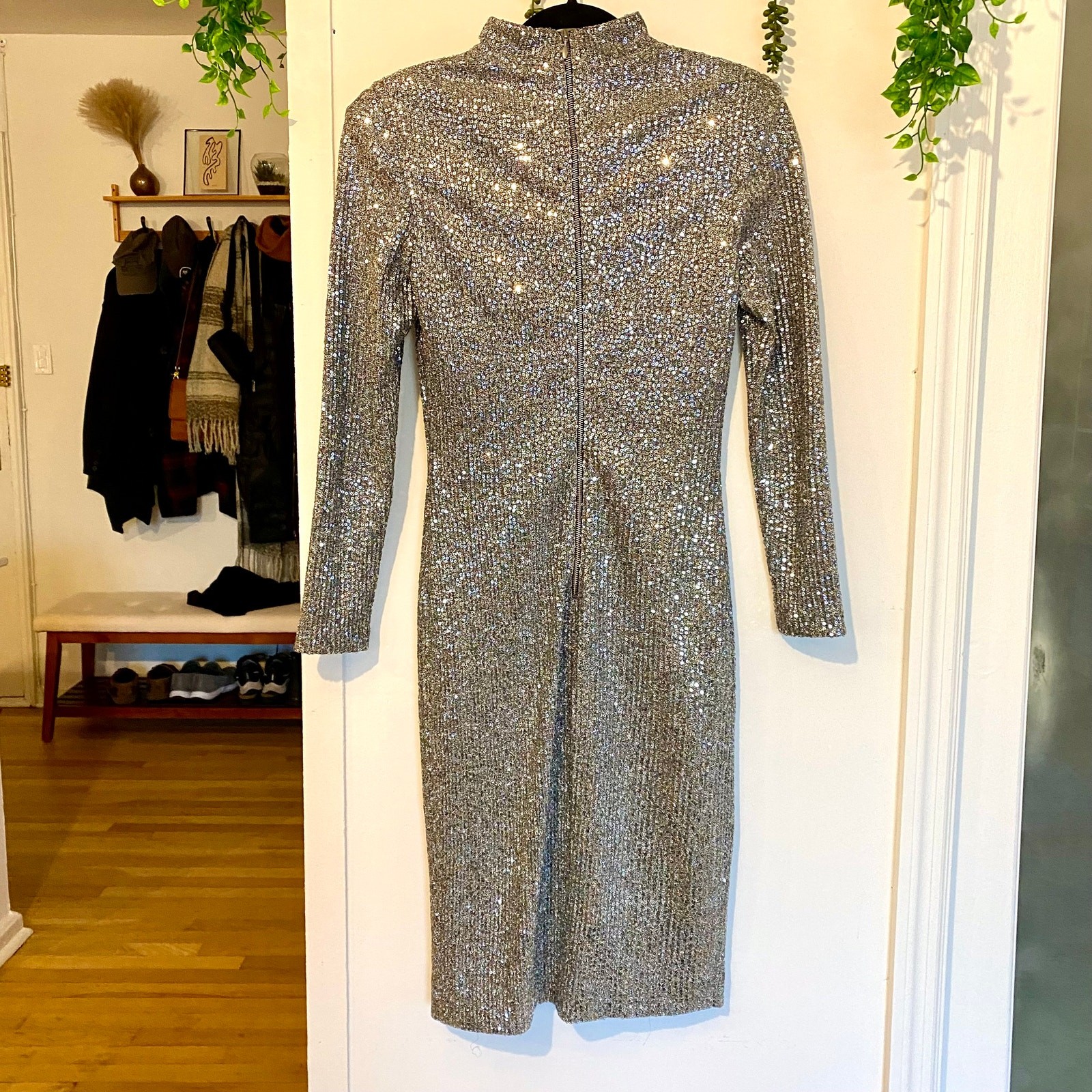 Rebecca Vallance Mona Midi Dress Long Sleeve Sequins Holiday Silver Metallic 4