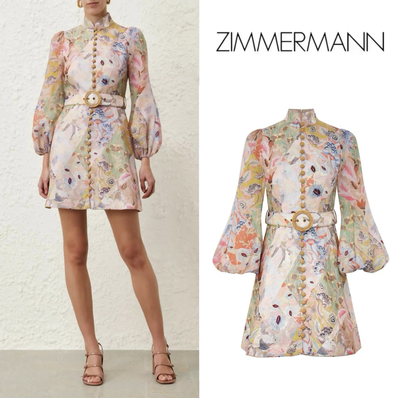 NWOT $950 Zimmermann Illustration Buttoned Belted Floral Linen Mini Dress AU3 L