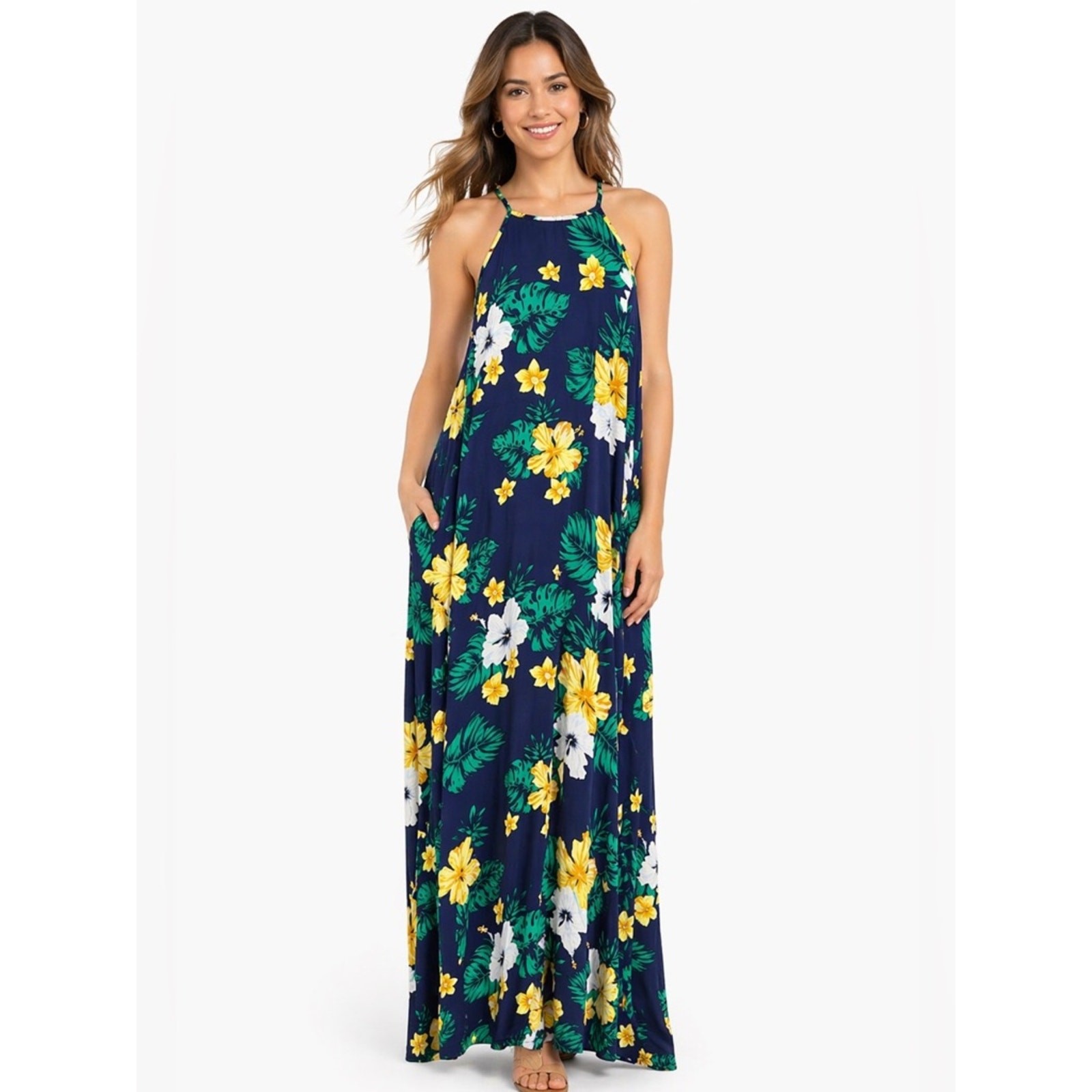 28 Palms Tropical Floral Maxi Dress Beach Sundress Blue Yellow Halter Medium