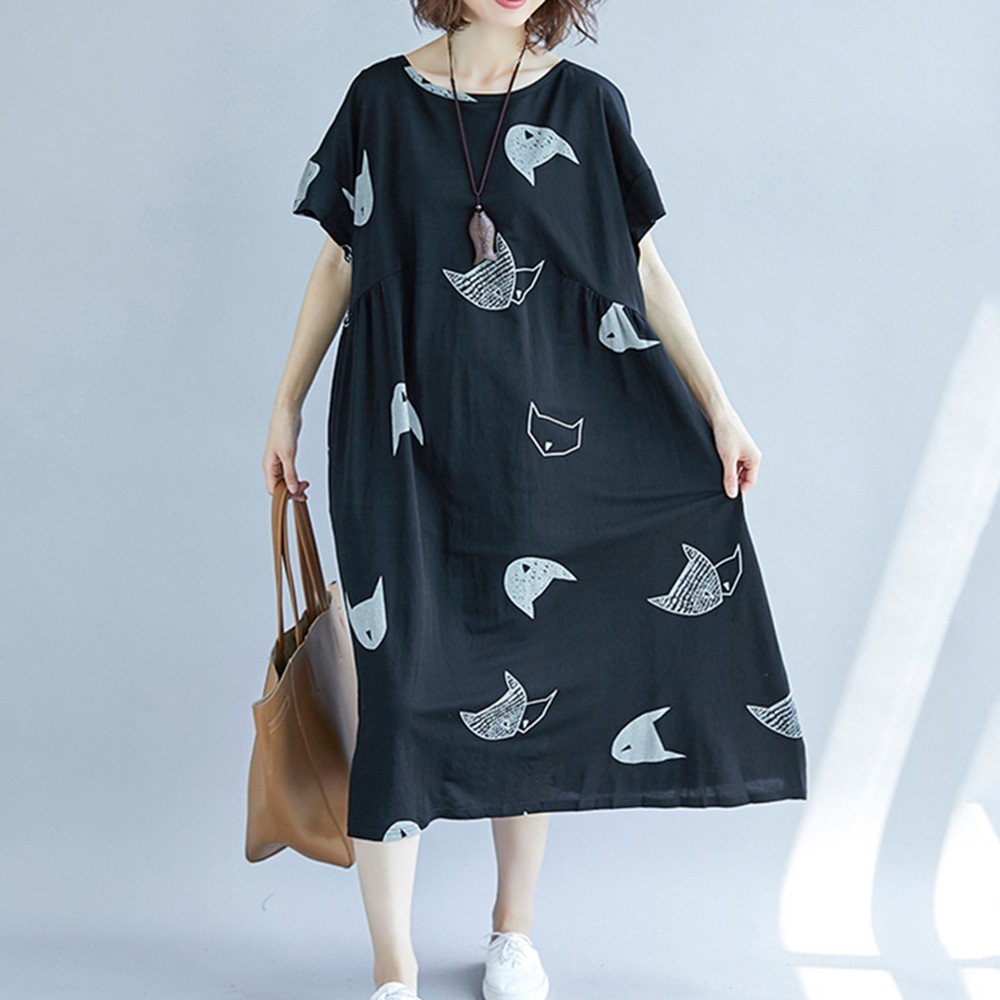 Plus Size Women Dress With Cute Character Cat Print For Fun