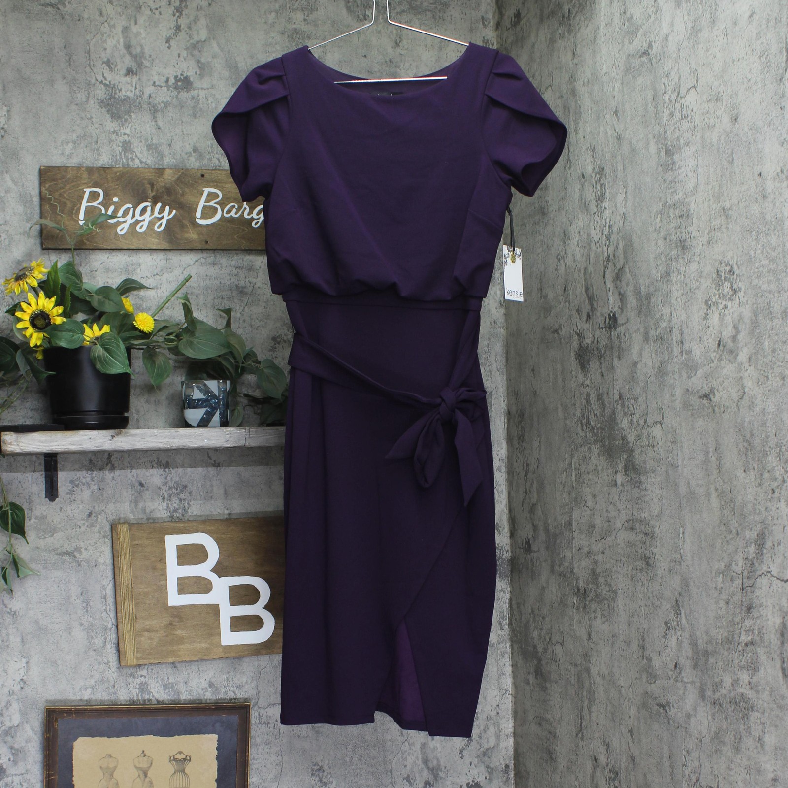 kensie Womens Tulip-Sleeve Tie-Waist Dress KDTP2921 Eggplant Purple 6