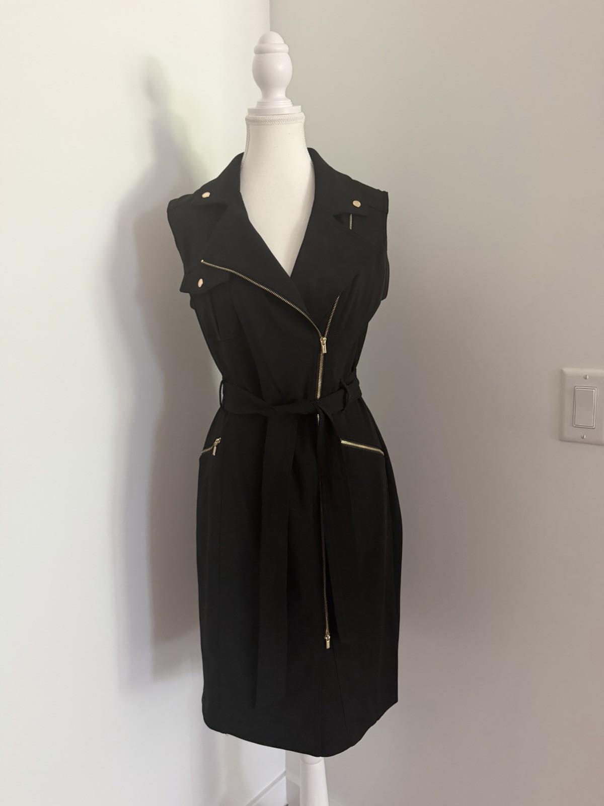 Elegant Black Moto-Inspired Zip Front Dress with Gold Hardware