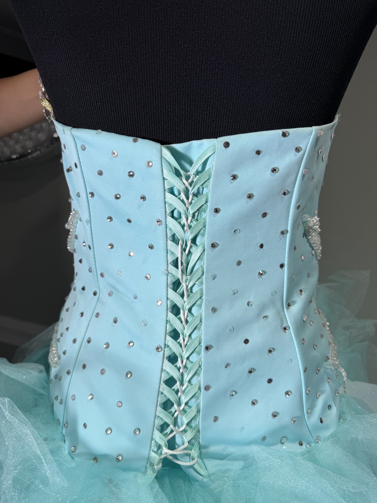 Mint Rhinestone Beaded Corset Strapless Tulle Mini Gown Size 10-12