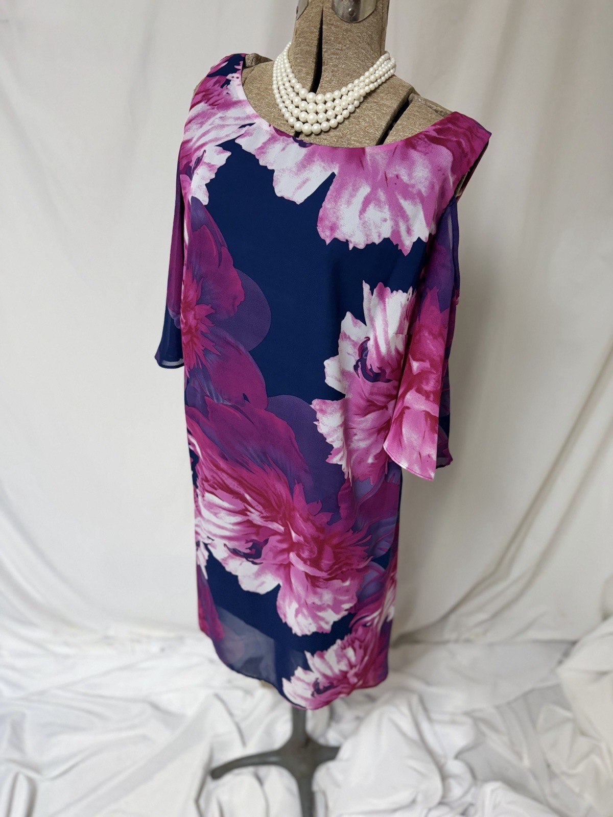 NEW Connected Apparel Dress Size 16W MIDI Resort Colorful Navy Pink Easy Care