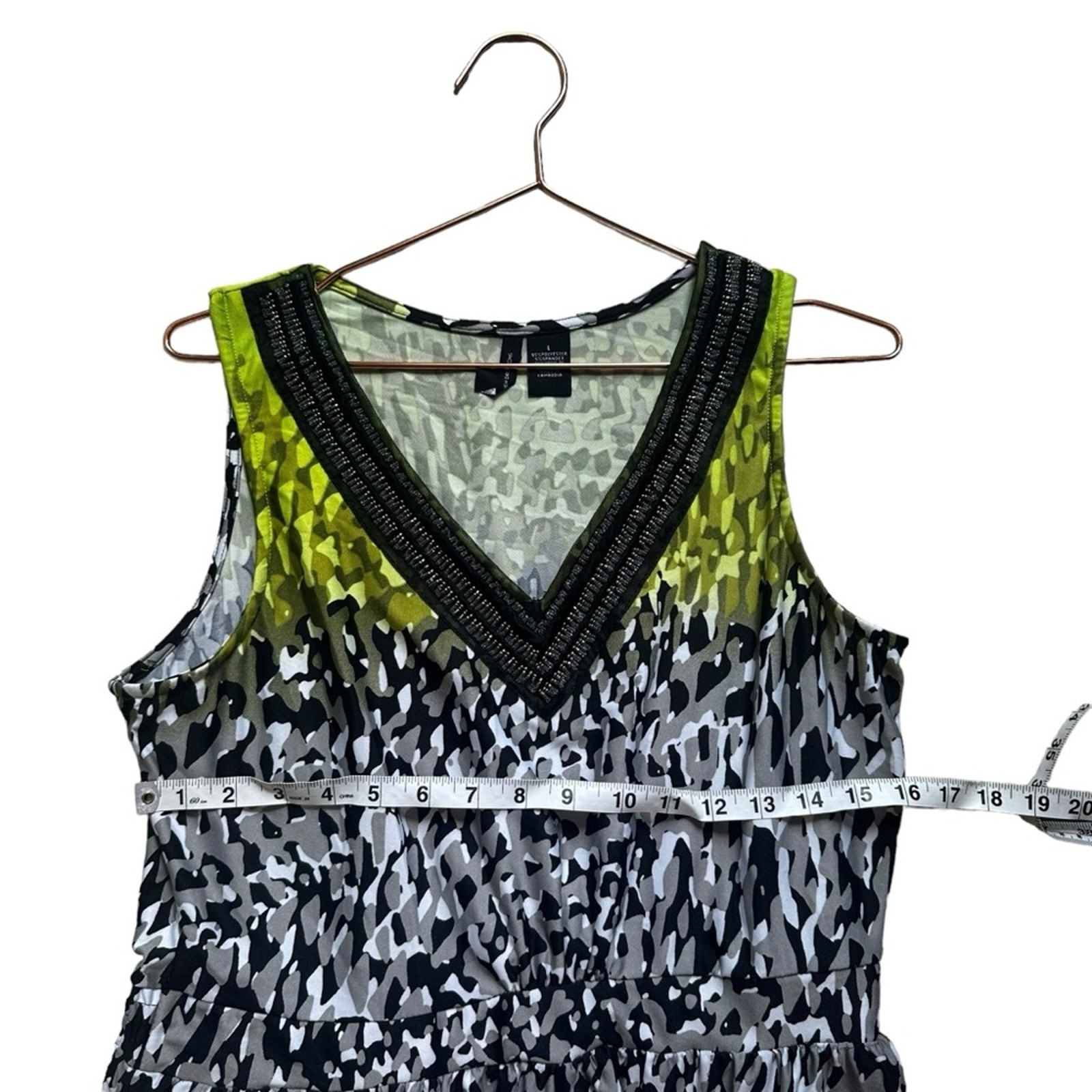 New Directions Beaded V-Neck Sleeveless Multicolor Camouflage Maxi Dress large