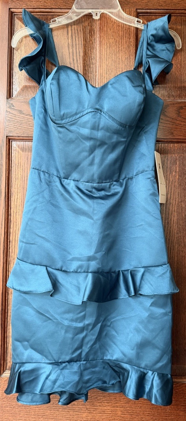 Wear Your Love Satin Ruffle Corset Mini Dress Teal Blue Sz 4 NWT Bodycon Party