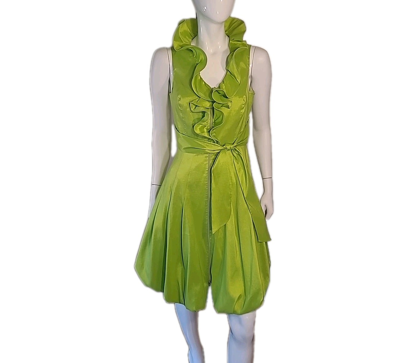 Frank Lyman Tafetta Bubble Hem Dress 6 Green Ruffle Neck Cocktail Party Wedding