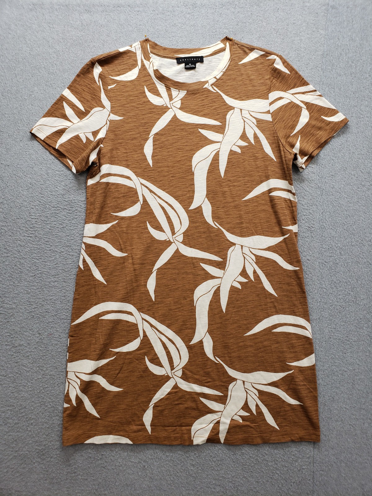 Sanctuary Women T Shirt Dress M Brown White Leaf Crew Neck Short Sleeve Casual