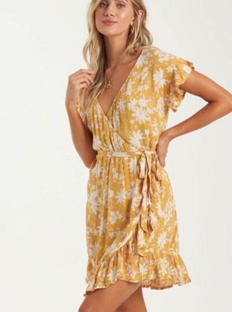 Billabong Wrap and Roll Yellow Floral Mini Wrap Dress size L
