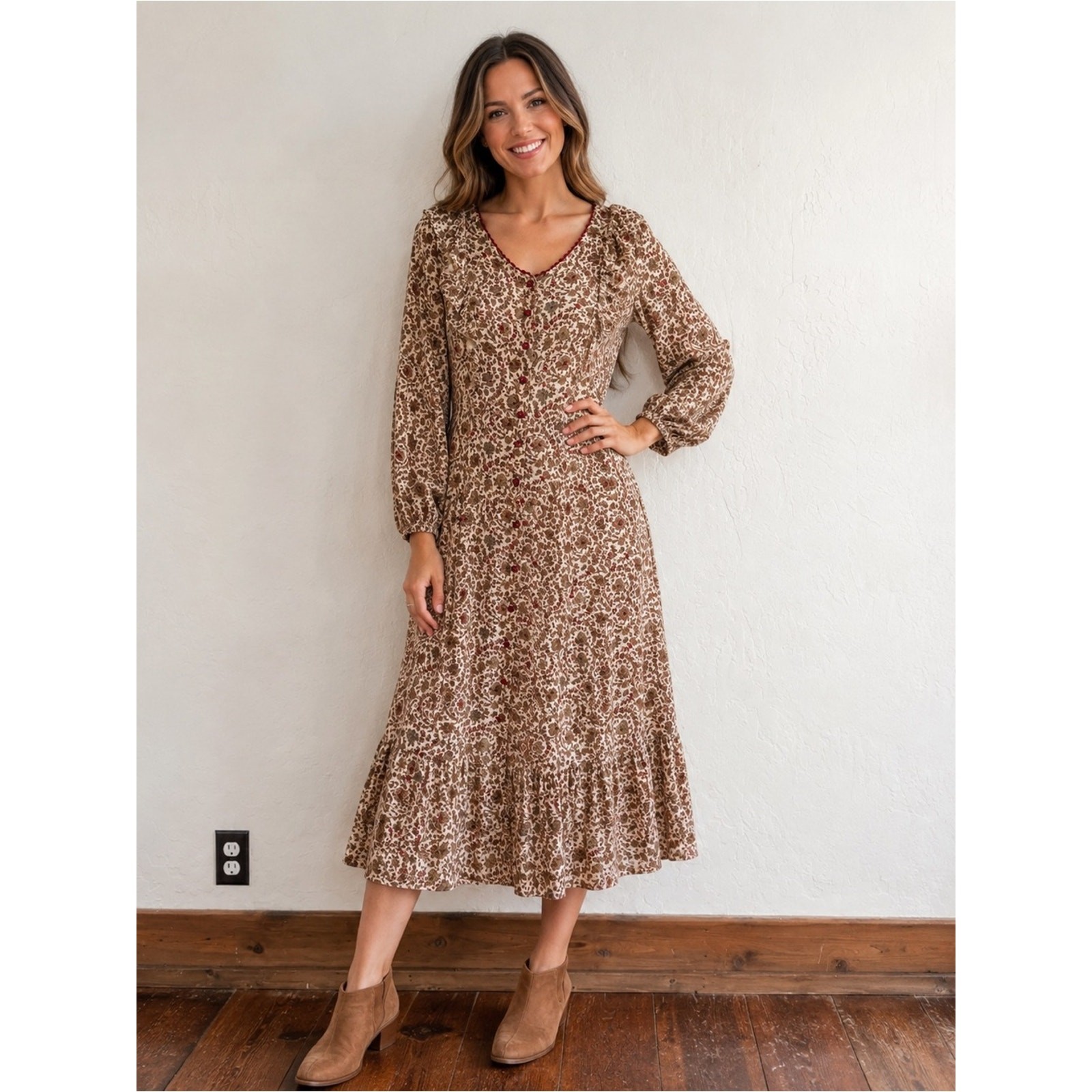 April Cornell Long Sleeve Button Front Midi Maxi Prairie Dress XL Floral Cottage