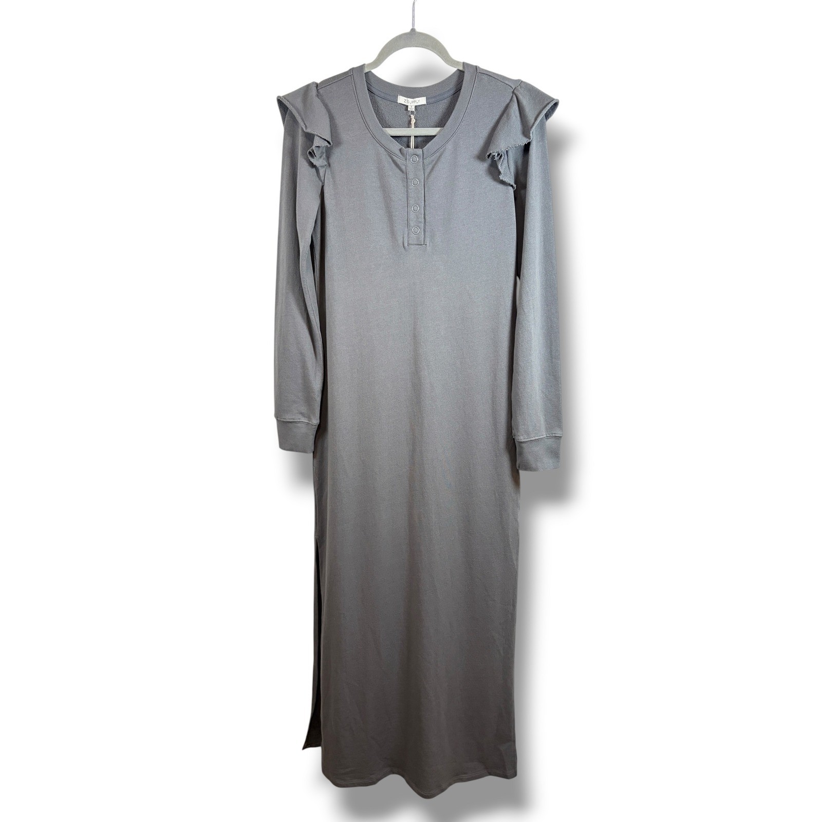 NWT Z SUPPLY Iris Ruffle Long-Sleeve Maxi Dress, Cozy Casual Henley Snap, Small