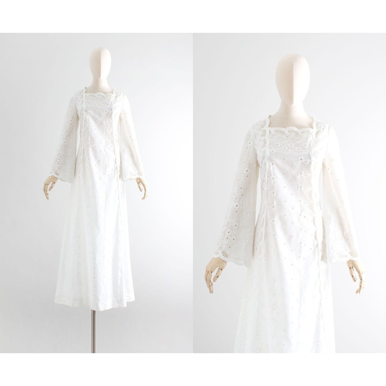 1970s Vintage White Cotton Eyelet Maxi Dress Bell Sleeve | Small to Medium