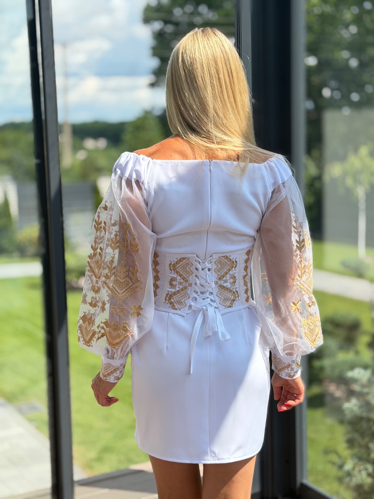 Ukrainian Embroidered Mini Dress Vyshyvanka White Off Shoulder Corset