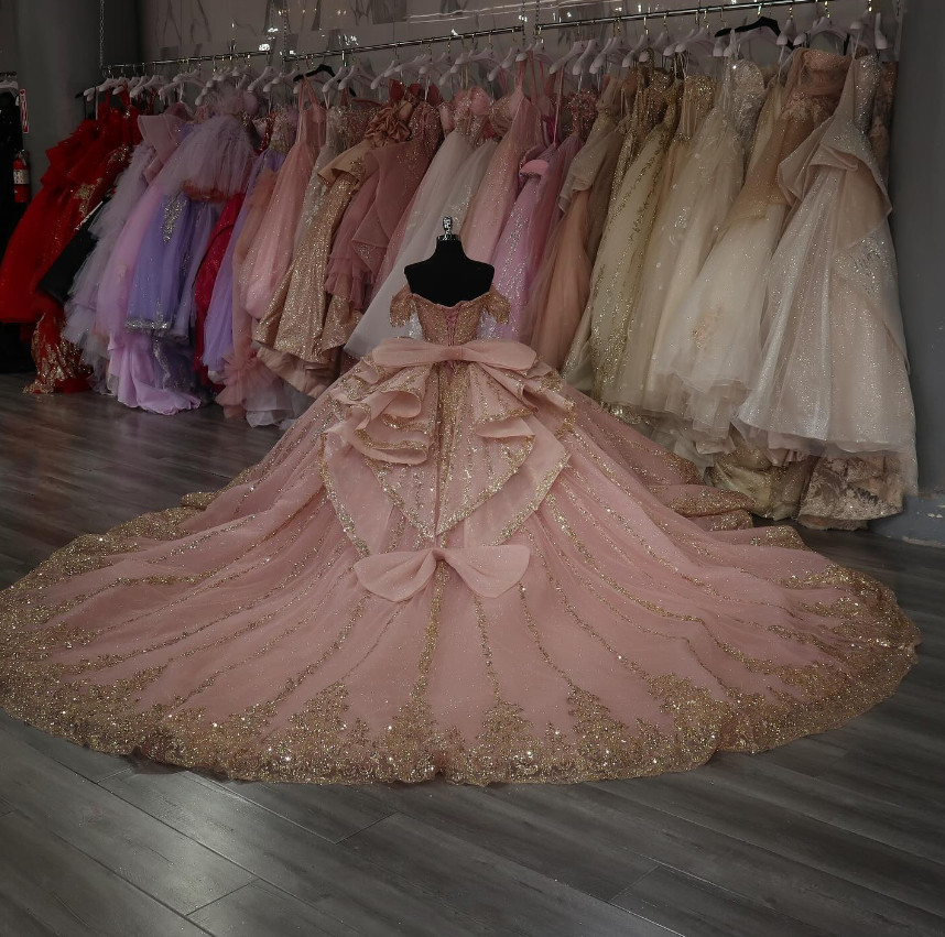Princess Pink Quinceanera Dresses with Gold Appliques Sweet 15 16 Prom Party