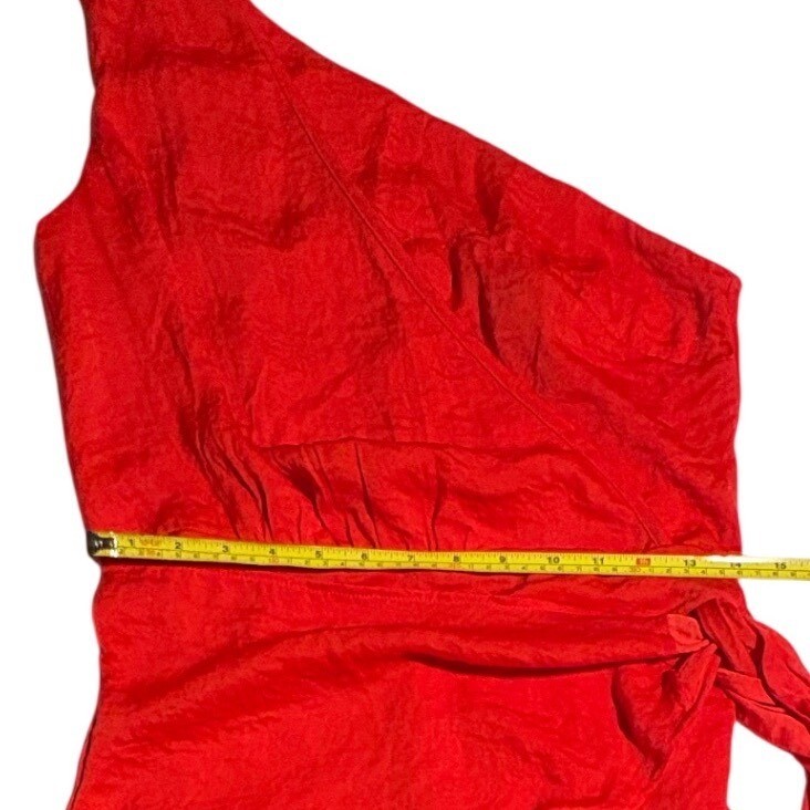 Red One Shoulder Textured Mini Wrap Dress Side Tie Med Wedding Guest Going out