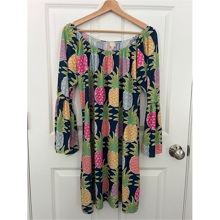 Simply Southern Pineapple Print Bell Sleeve Off Shoulder Dress Navy Pink XL