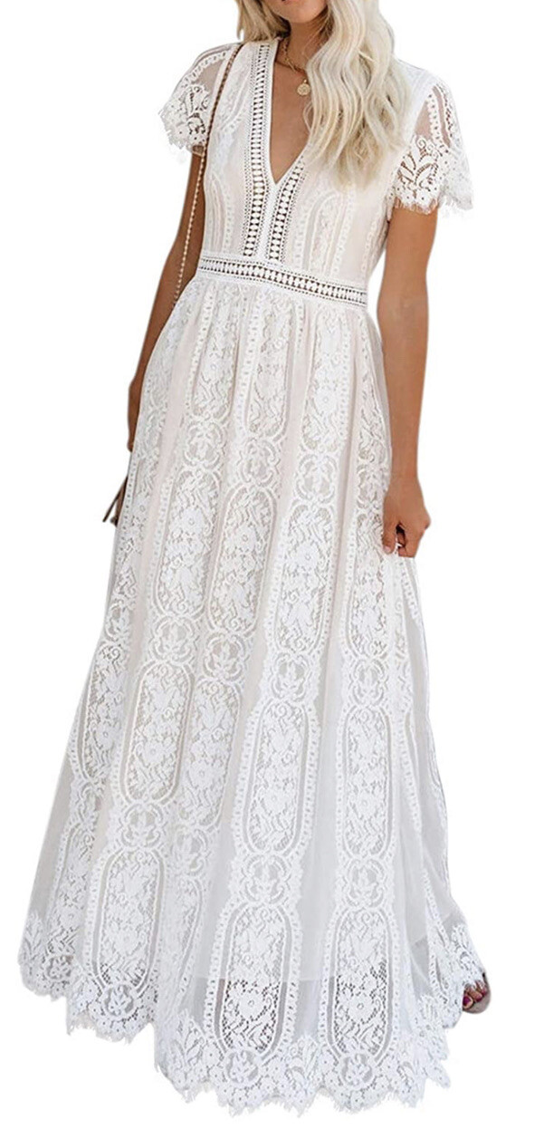 BLENCOT Womens Casual Boho Floral Lace V Neck Long Dress Maxi. White ,M