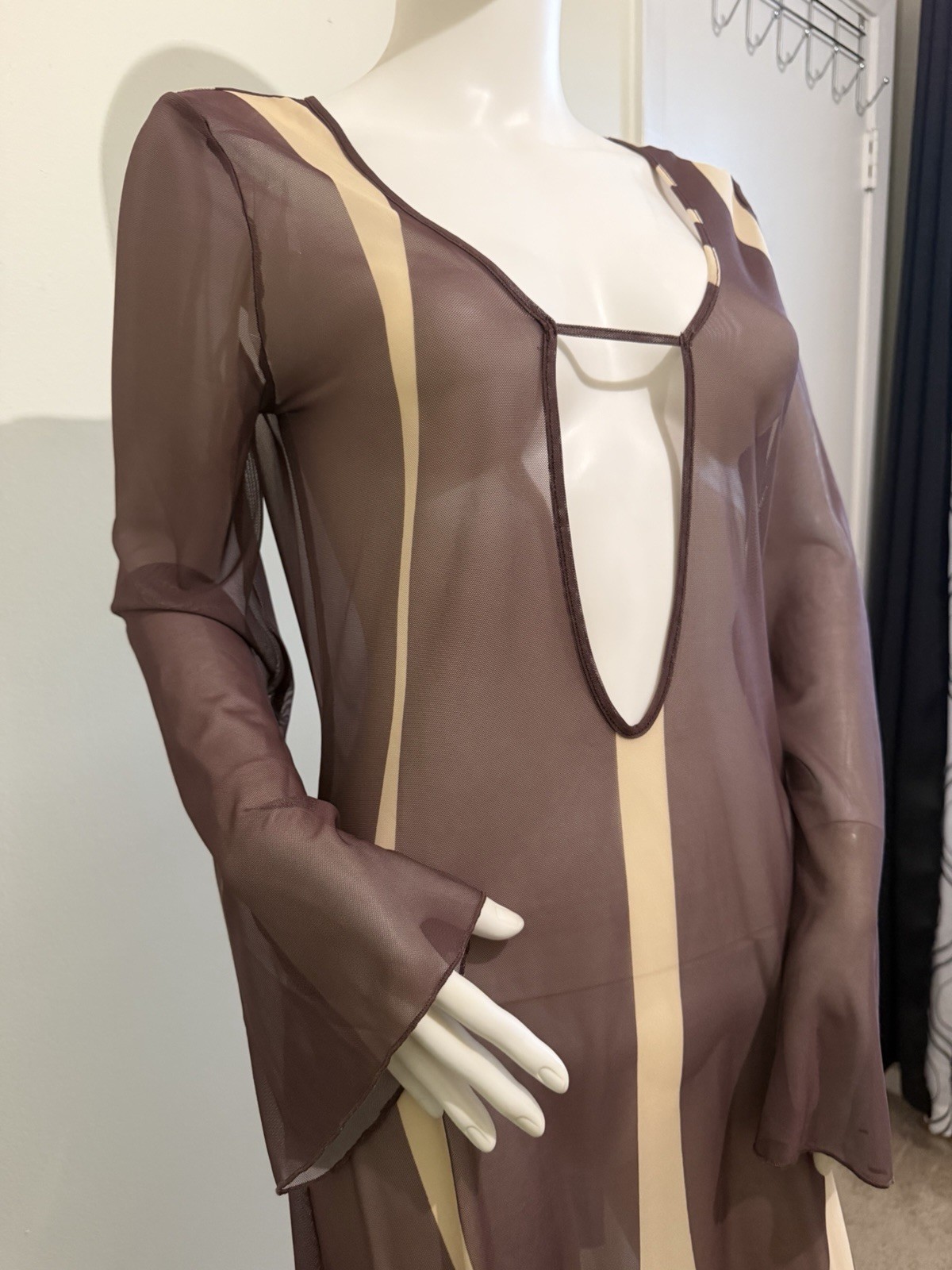 Caroline Constas XS Mesh Maxi Dress Brown Beige Abstract V-Neck Sheer Bell