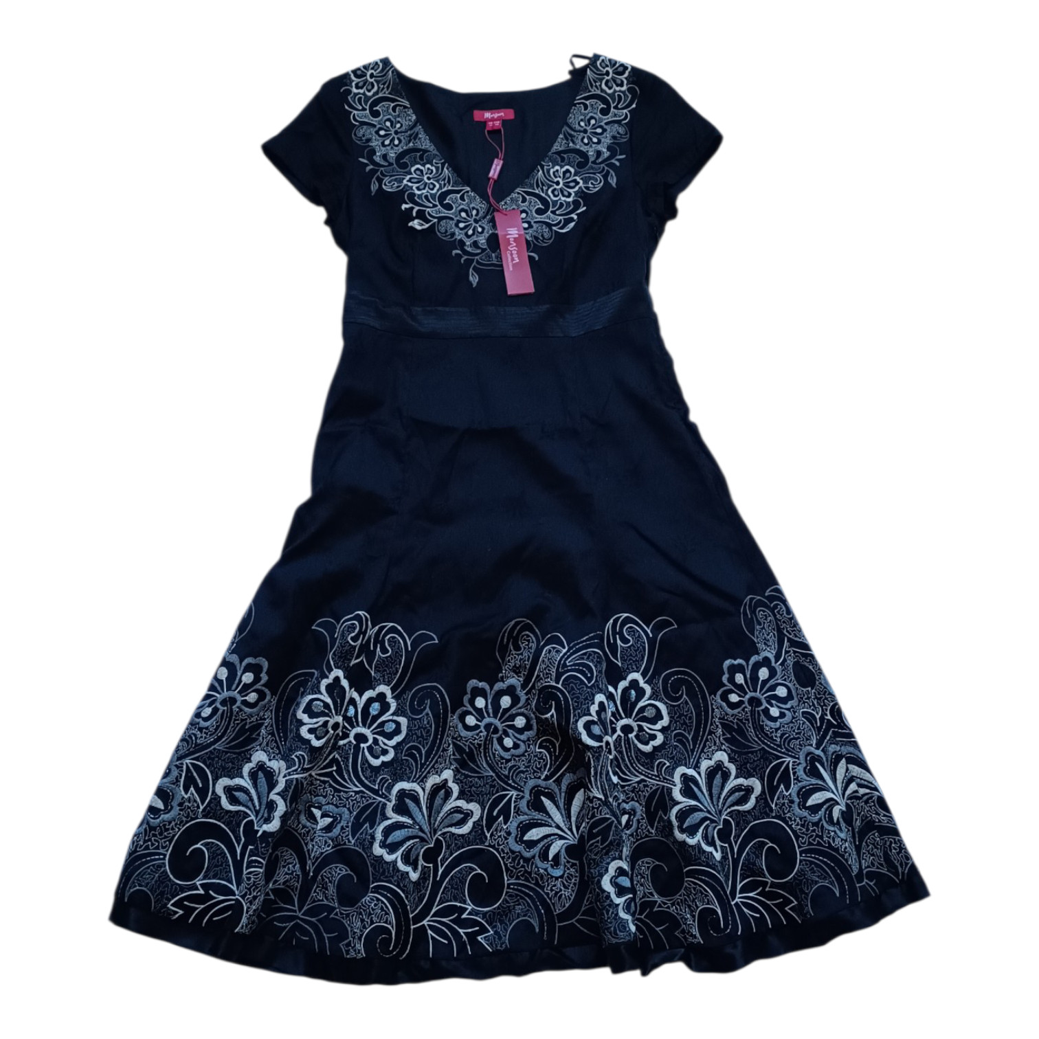 Monsoon Embroidered Black Cotton Dress EU 40 Floral V-Neck Fit & Flare Lined New
