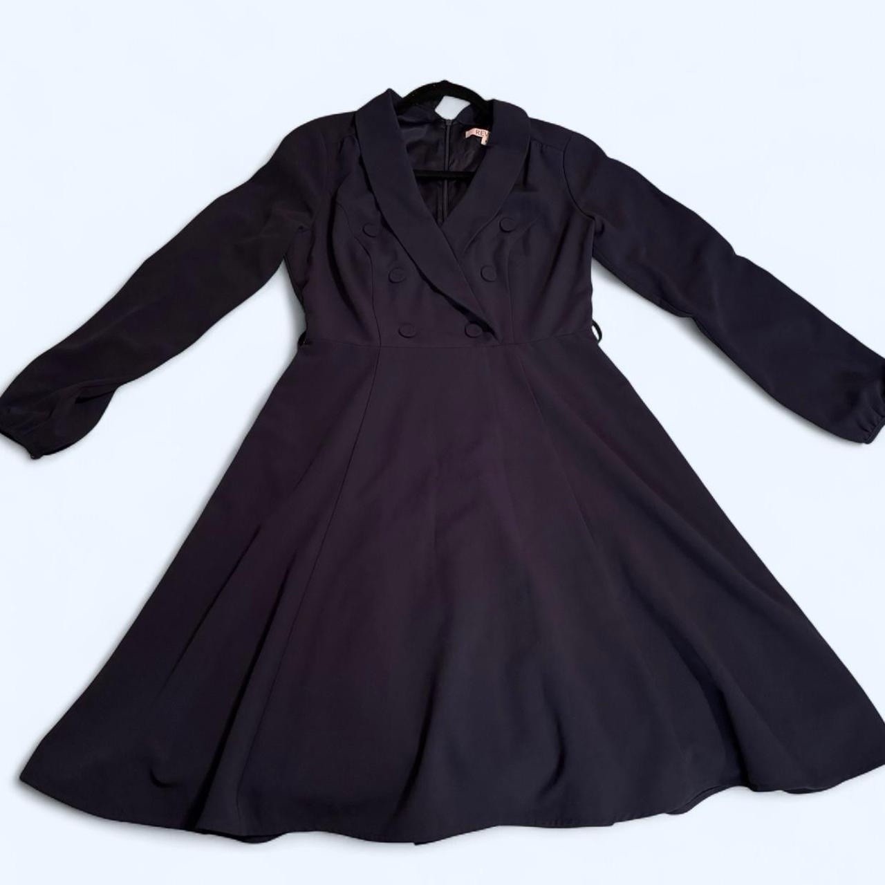 Navy blue midi dress with collar, button-up front, and long sleeves from Review