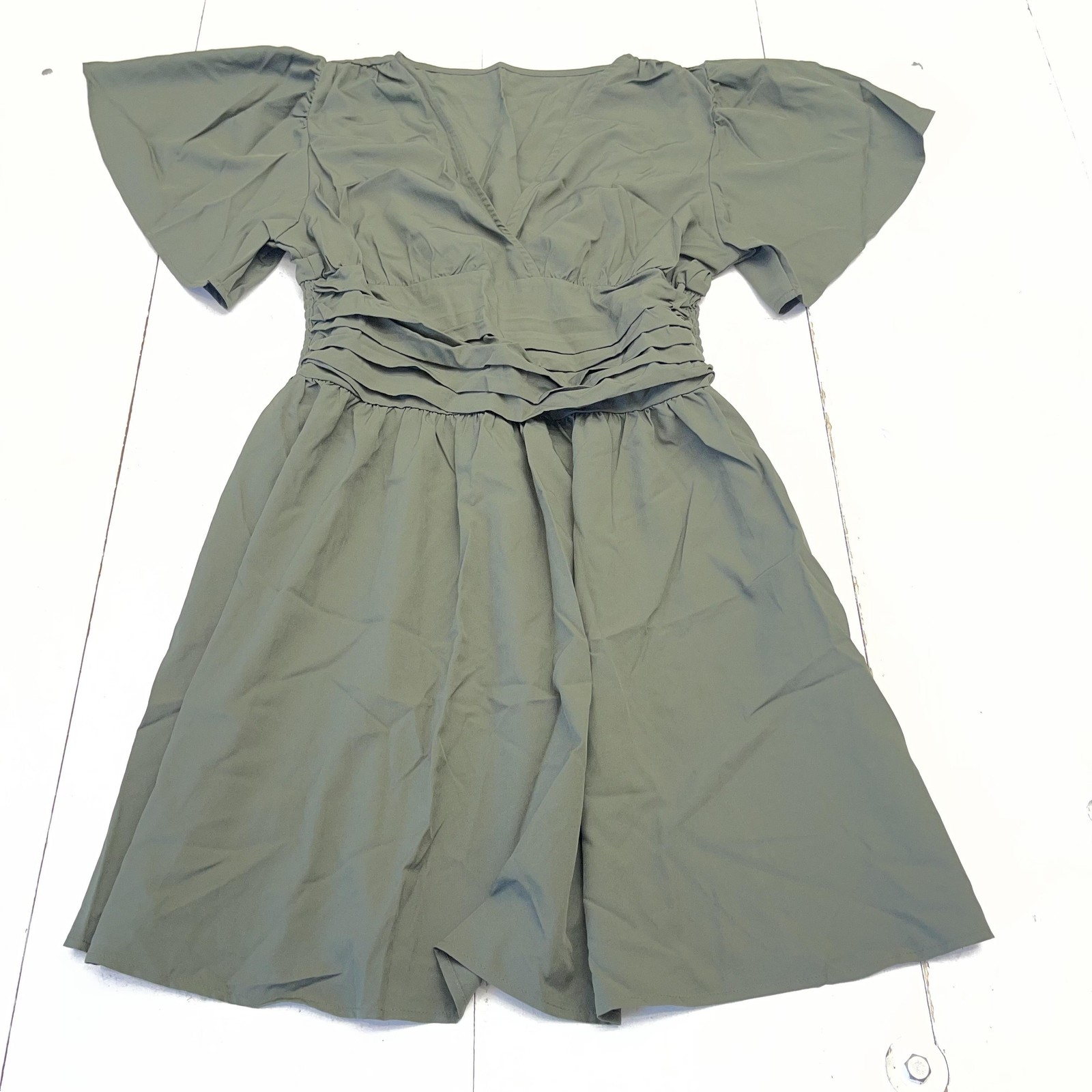 Smocked Dress Womens XL Green V Neck Flutter Sleeve Short Sundress Fit & Flare