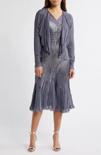 $460 New Komarov Textured Charmeuse & Chiffon Dress & Jacket Set In SteeL. XL