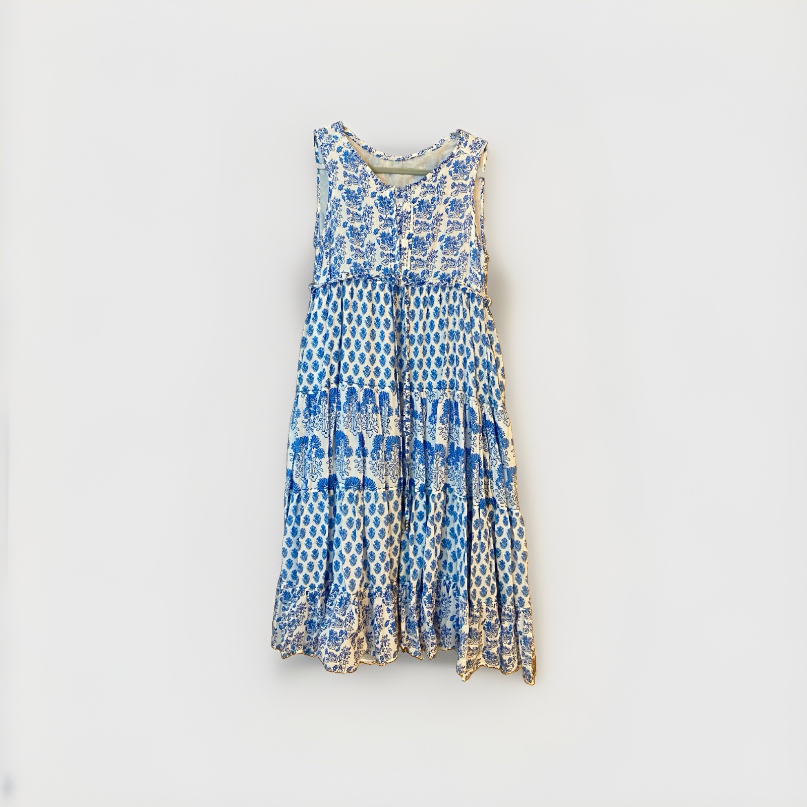 CALYPSO St. BARTH Tiered Maxi 100% Cotton Dress Large Blue White Floral