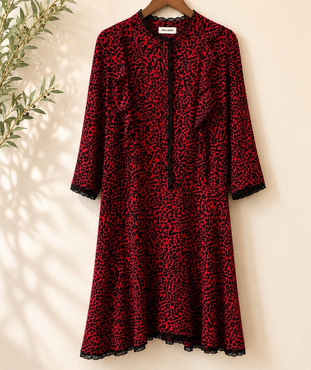 Zadig & Voltaire Red/Black Leopard Lace Trim Round Neck A-Line Knee Dress S