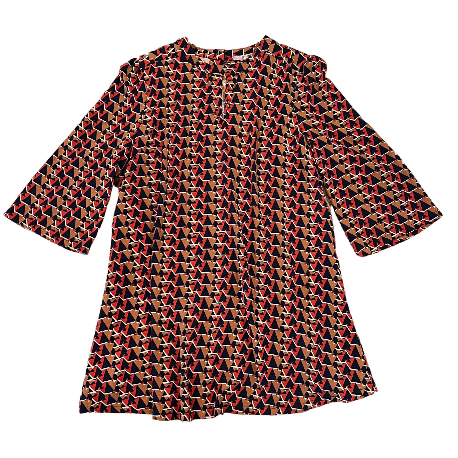NWT Nordstrom’s Miss Me Tan, Navy, Orange/Red Geometric Print Shift Dress – S